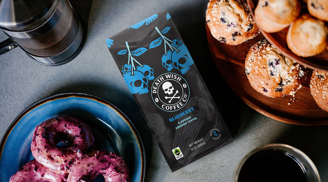 Blueberry Death Wish Coffee with blueberry donuts and muffins.