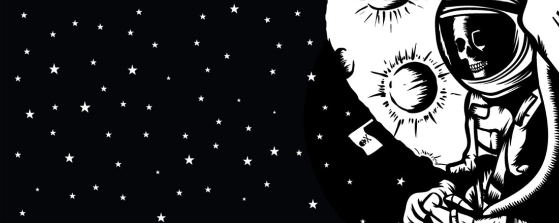 A black and white graphic of a skeleton astronaut floating in space.