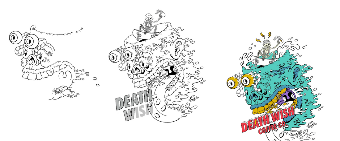 The illustration process of Cat Dirty's Death Wish Coffee illustration.