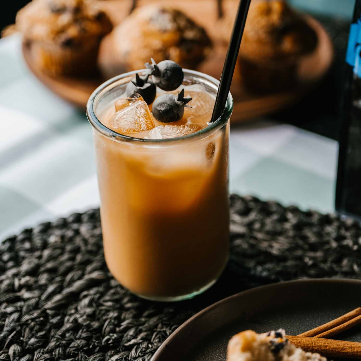 A cup of iced coffee made with Blueberry Flavored Death Wish Coffee.