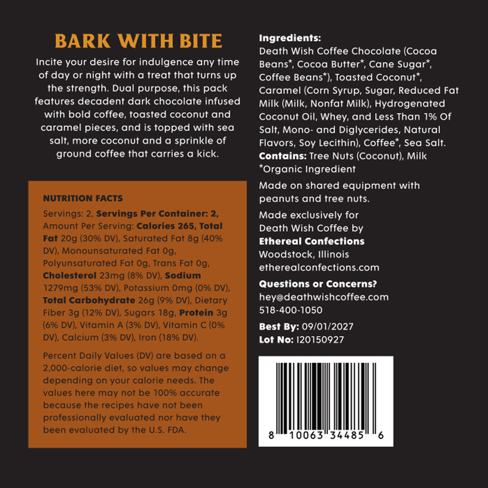 Death Wish Coffee Coconut Caramel Chocolate Bark Nutrition Facts.