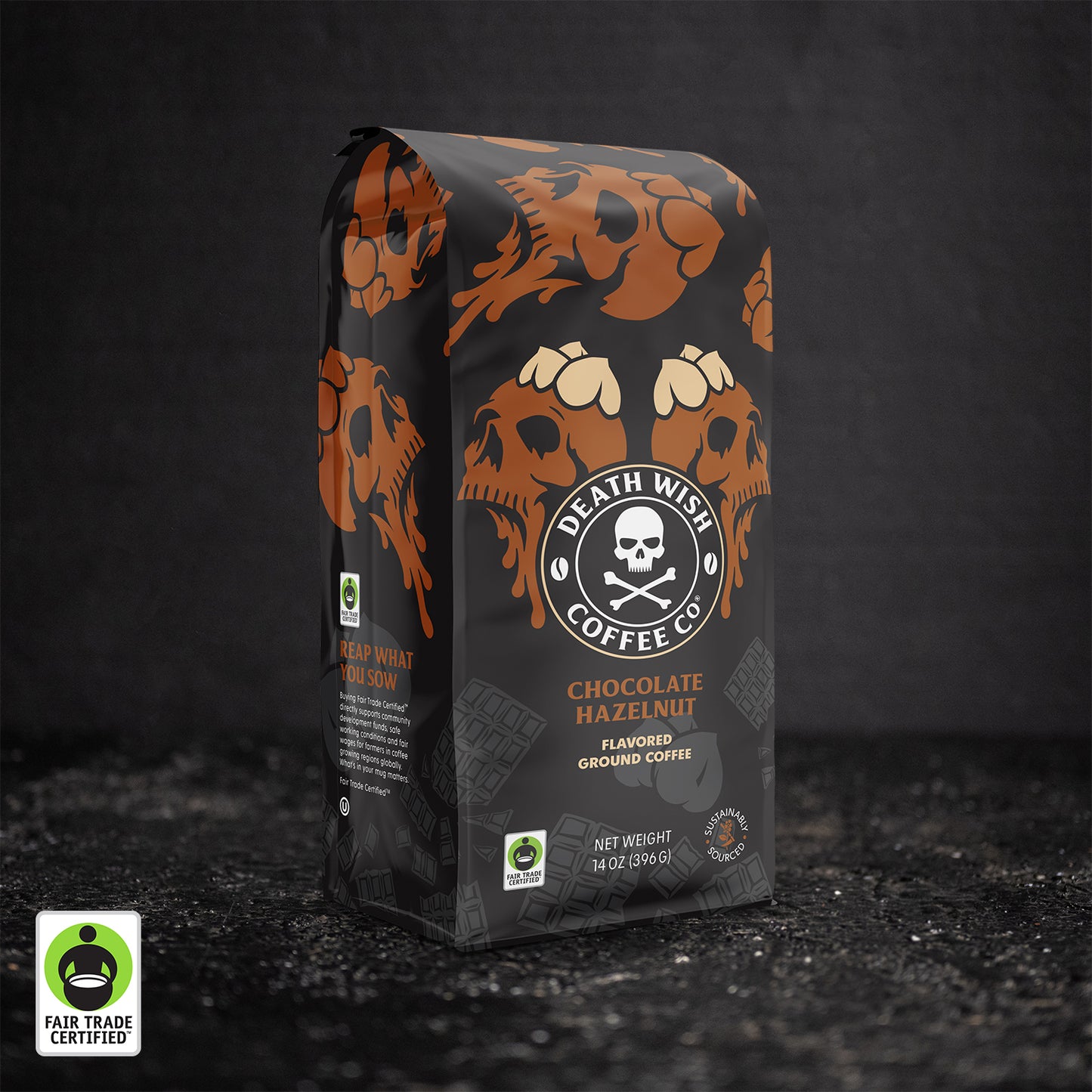 Death Wish Coffee Chocolate Hazelnut Flavored Ground Coffee - 14 oz Bag.