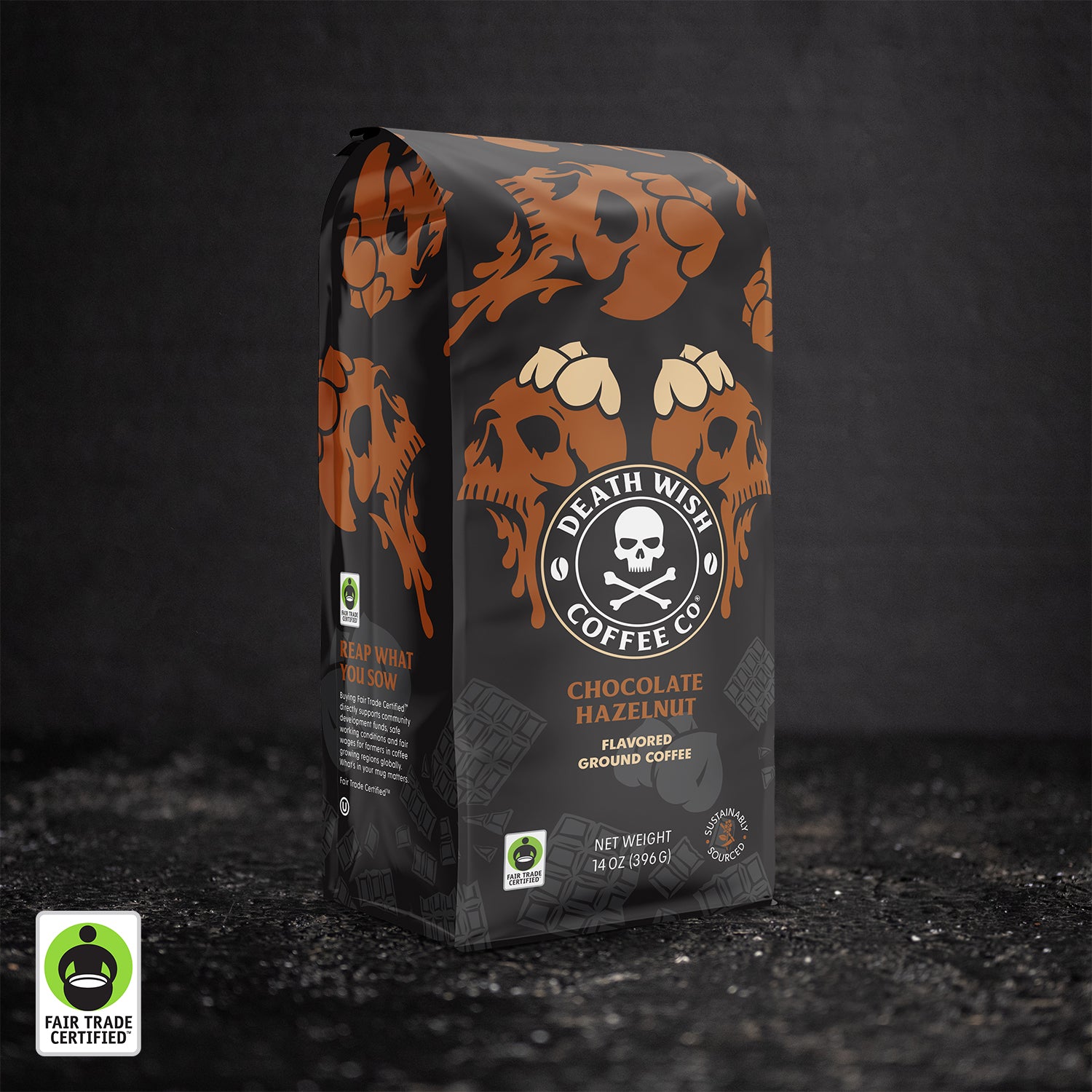 Death Wish Coffee Chocolate Hazelnut Flavored Ground Coffee - 14 oz Bag.
