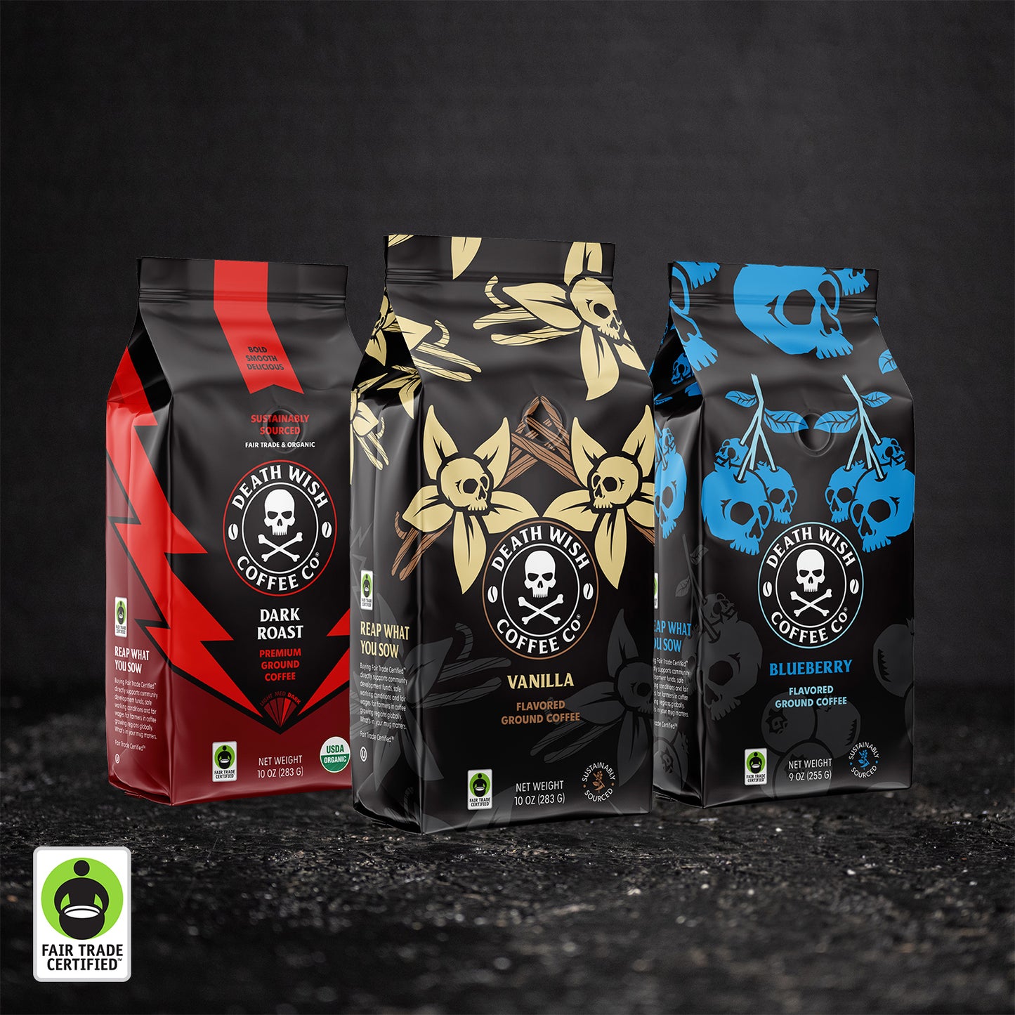 The Death Wish Coffee Red, White and Blueberry Ground Bundle.