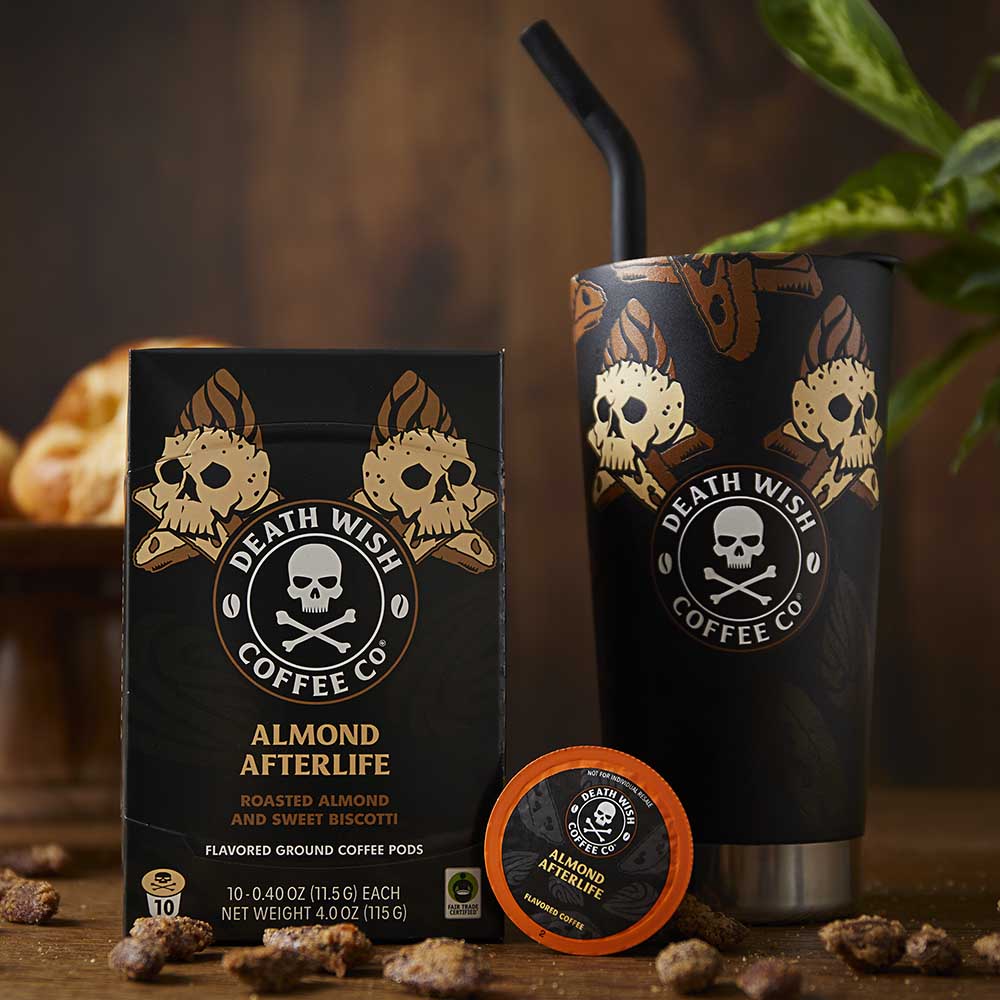 Death Wish Coffee Almond Afterlife Single-Serve Pods with matching Klean Kanteen