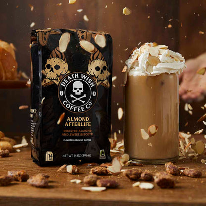 Death Wish Coffee Almond Biscotti Flavored Coffee with falling almonds