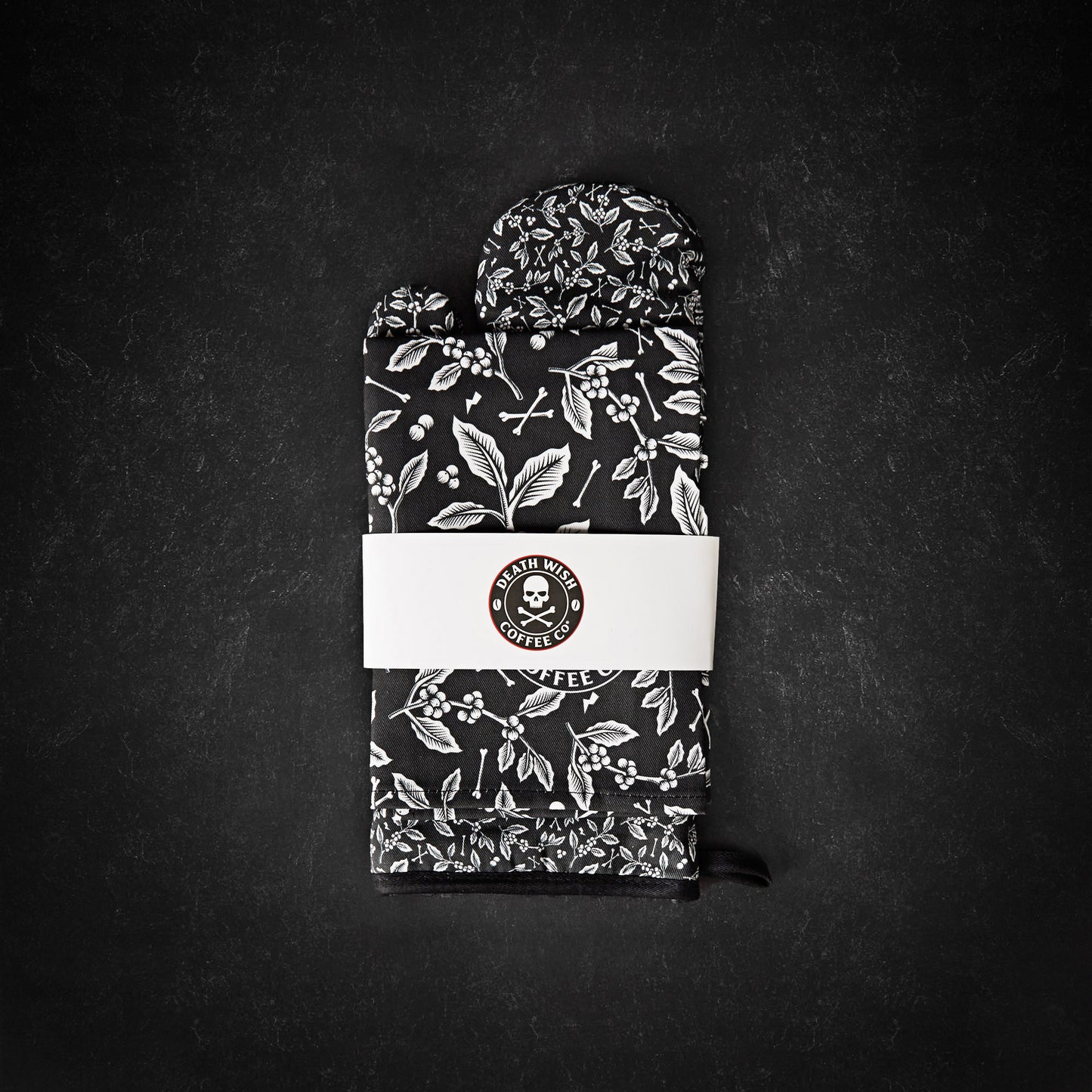Death Wish Coffee Sacred Bloom Towel and Oven Mitt - Packaged Together