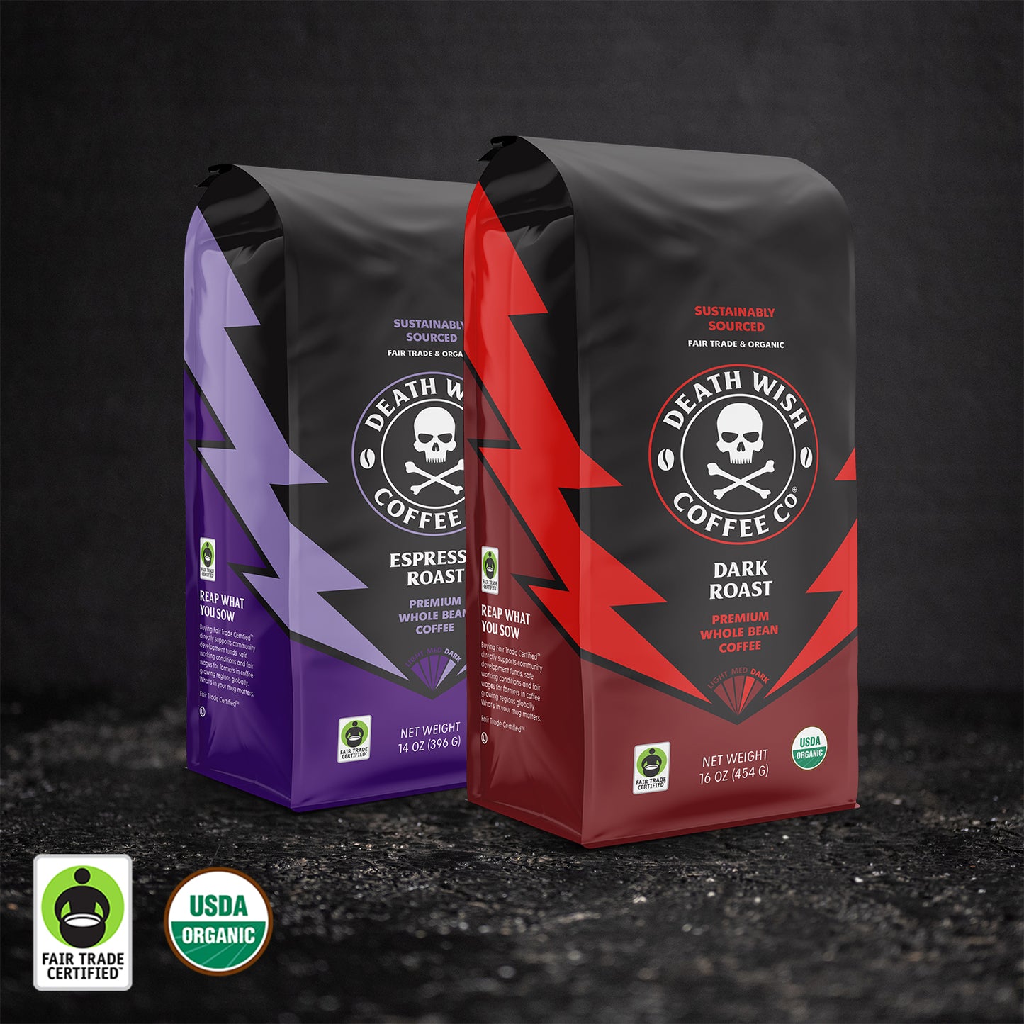 Death Wish Coffee Dark Roast + Espresso Roast Whole Bean Coffee Bundle.