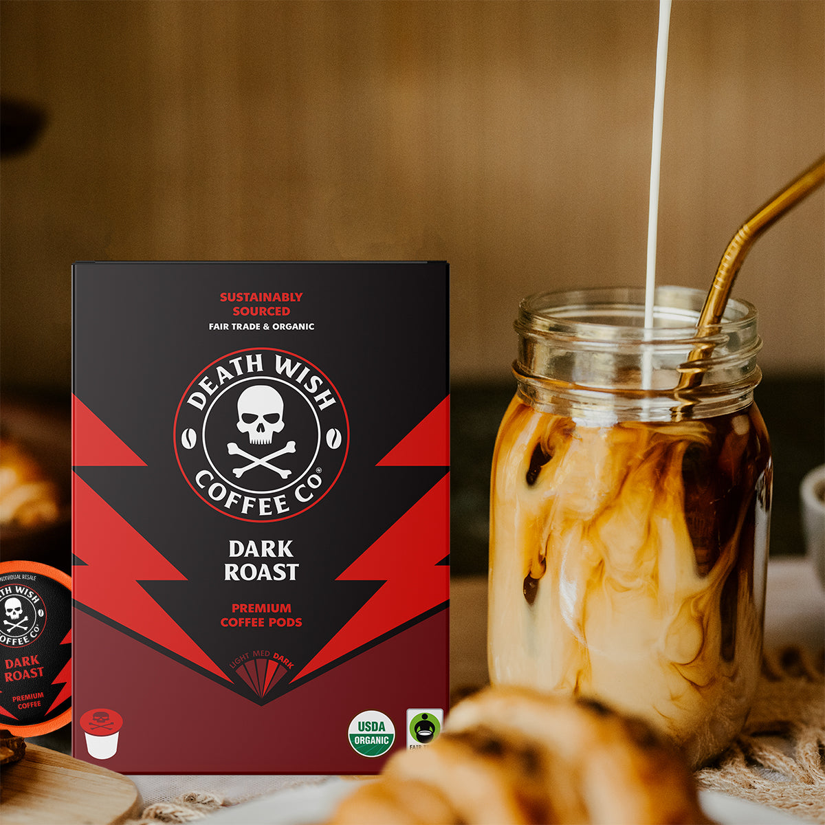 Pouring creamer into Dark Roast Death Wish Coffee.