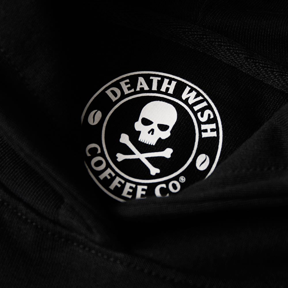The interior neck of the Death Wish Coffee Varsity Brews Hoodie.