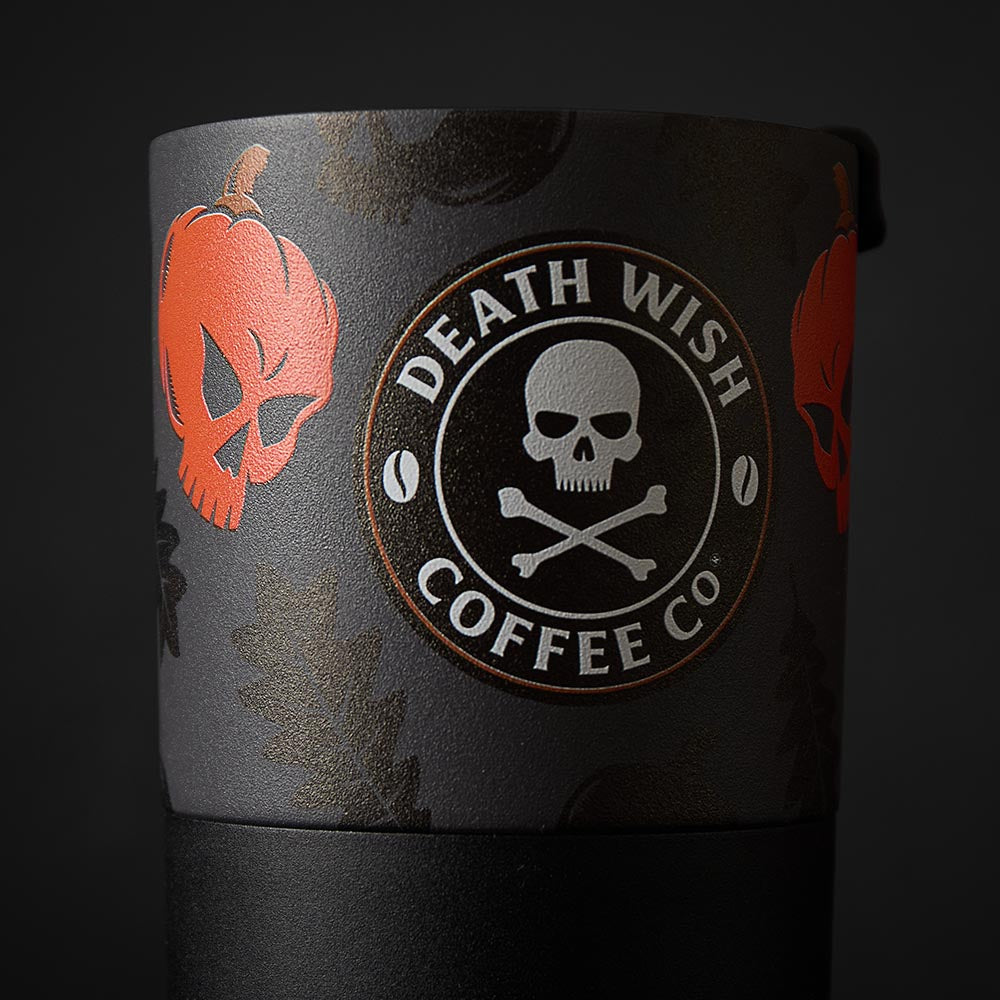 A close up of the Death Wish Coffee Pumpkin Chai Klean Kanteen.