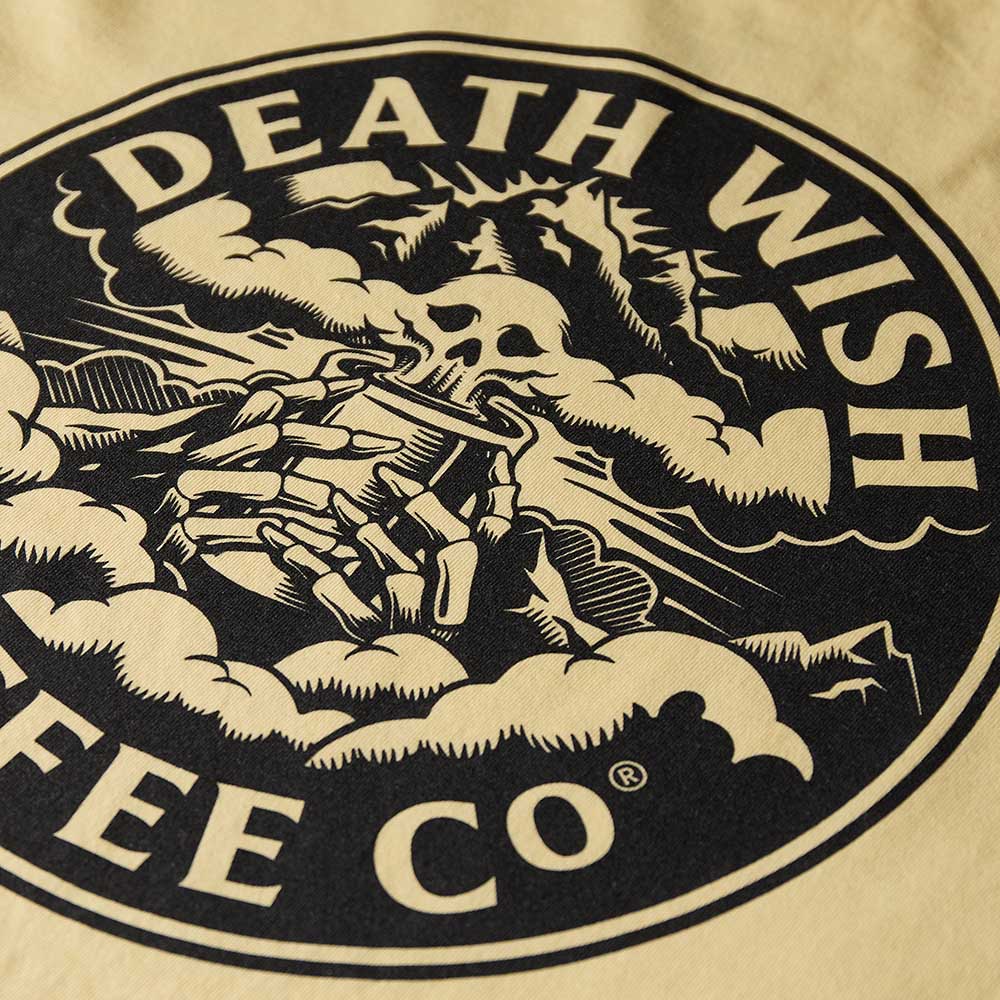 A close up of the back of the Death Wish Coffee Higher Ground Tee.