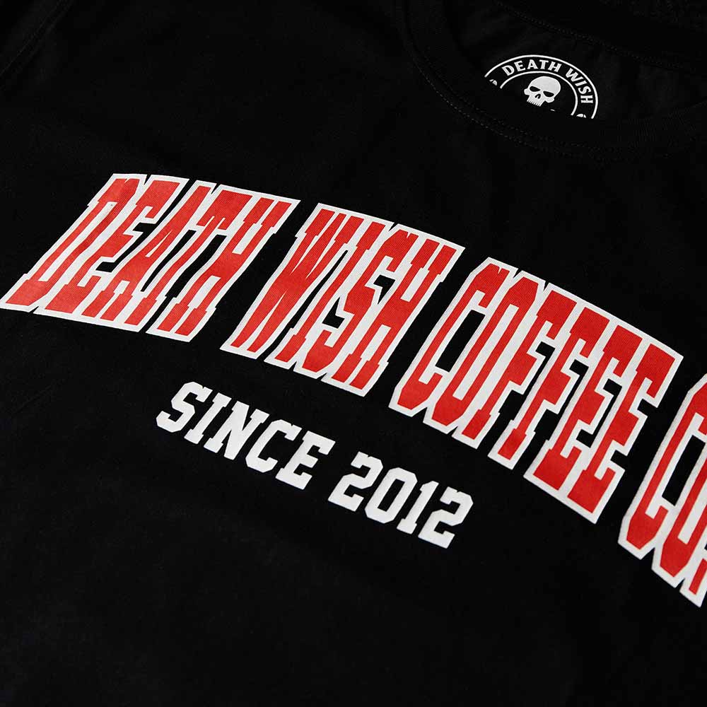 A close up of the Death Wish Coffee Varsity Brews Tee.