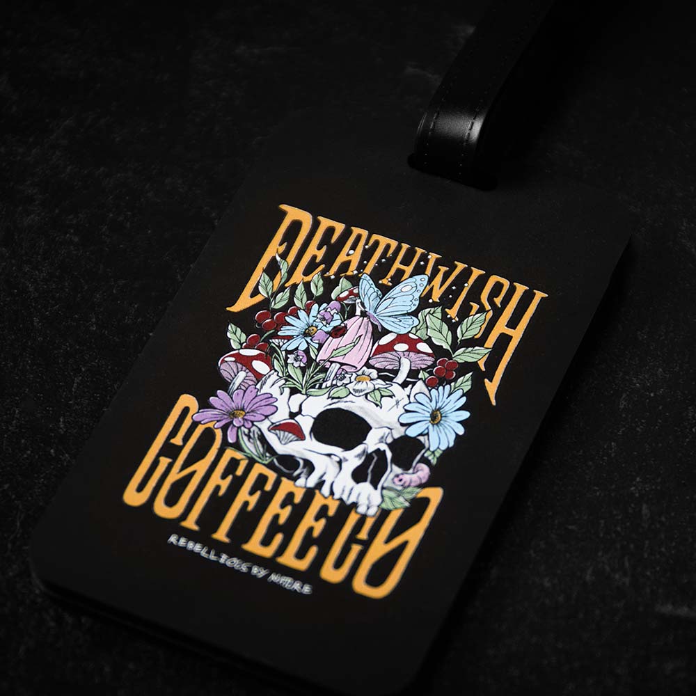 A close up of the Death Wish Coffee On My Way Luggage Tag.
