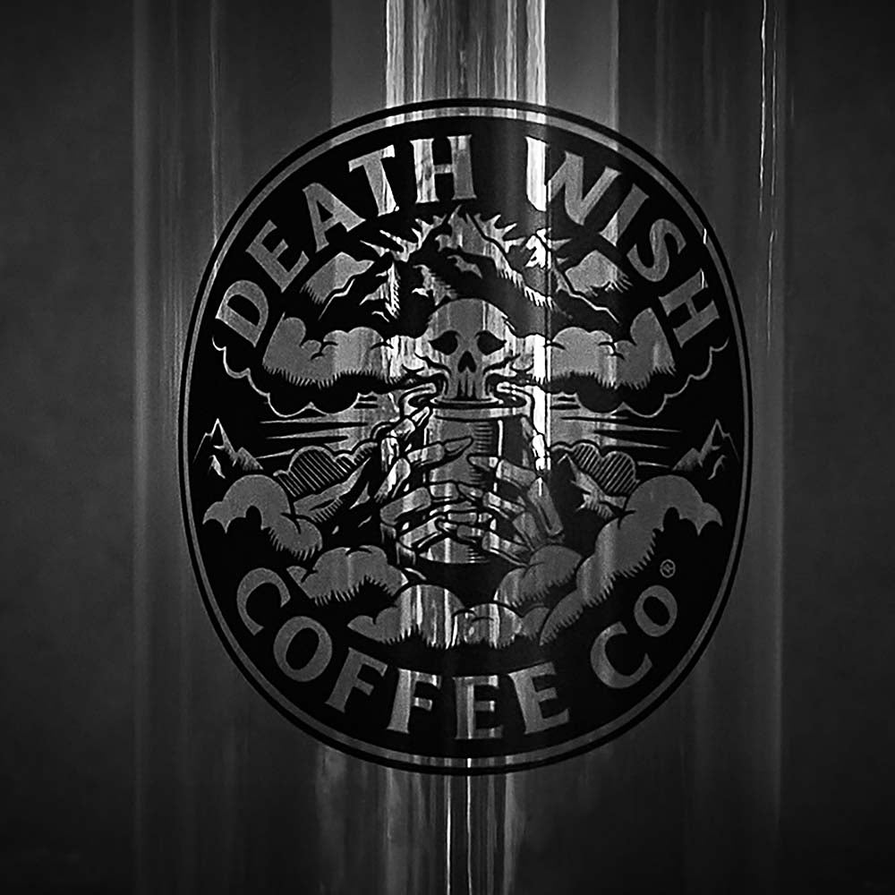 A close up of the front of the Death Wish Coffee Higher Ground Water Bottle.