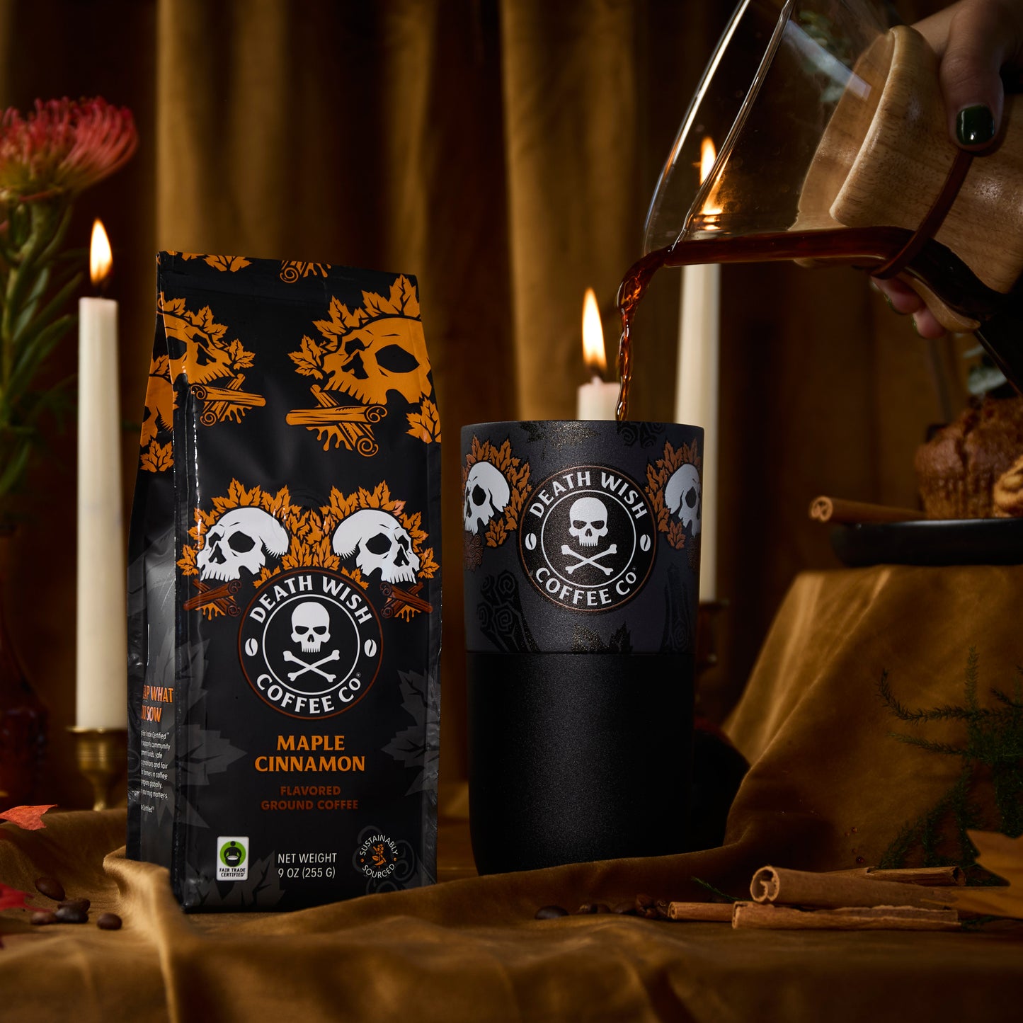 Pouring coffee into the Death Wish Coffee Maple Cinnamon Klean Kanteen.