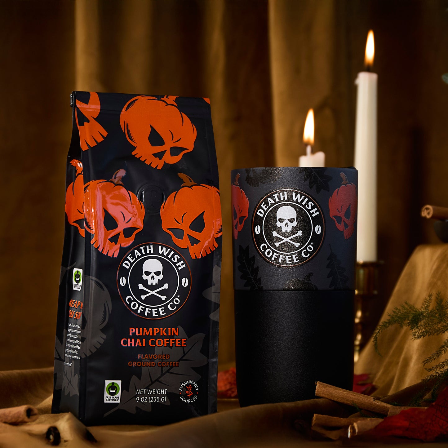 The Death Wish Coffee Pumpkin Chai Klean Kanteen next to Pumpkin Chai Coffee.