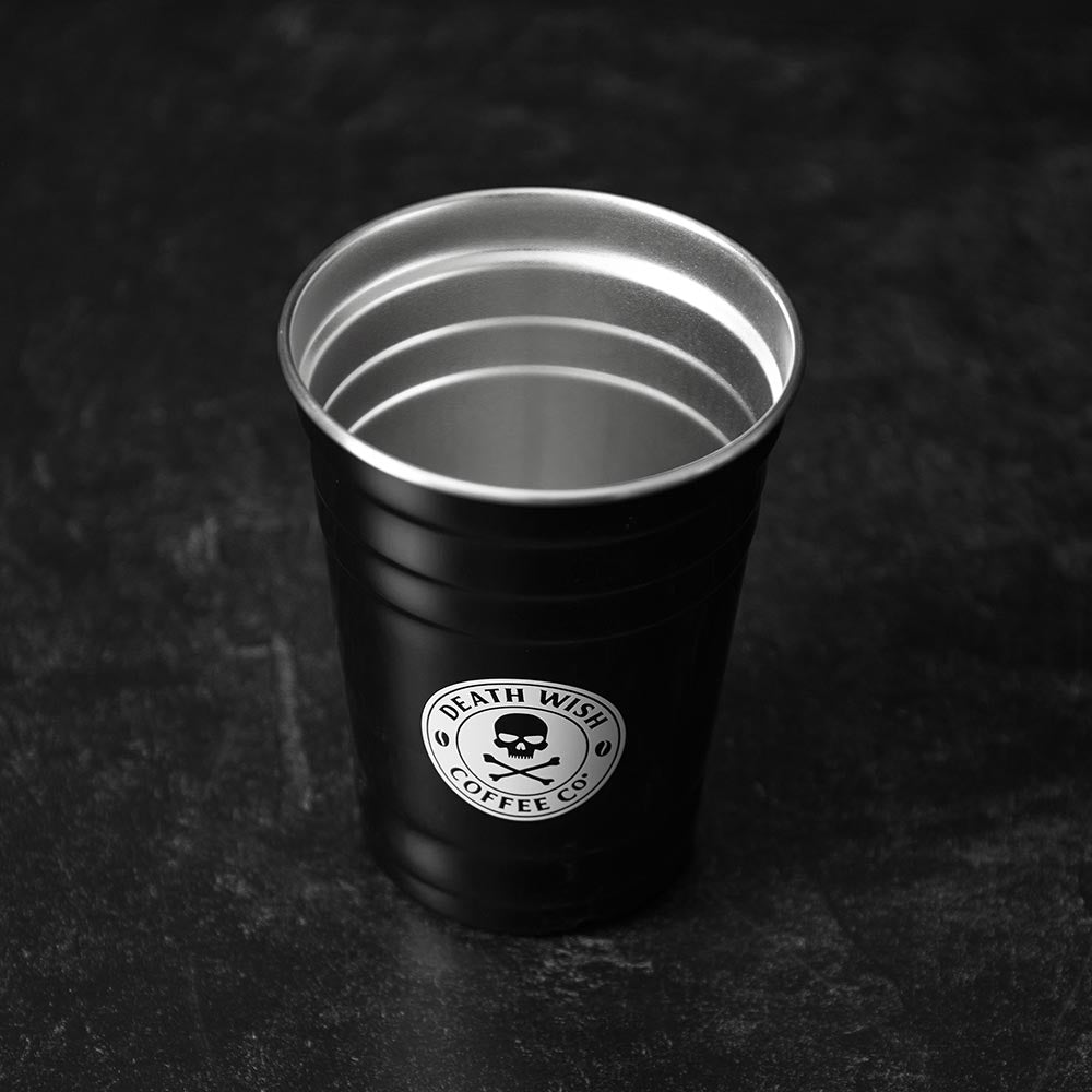 A top down view of the Death Wish Coffee Heavy Metal Stainless Cup.