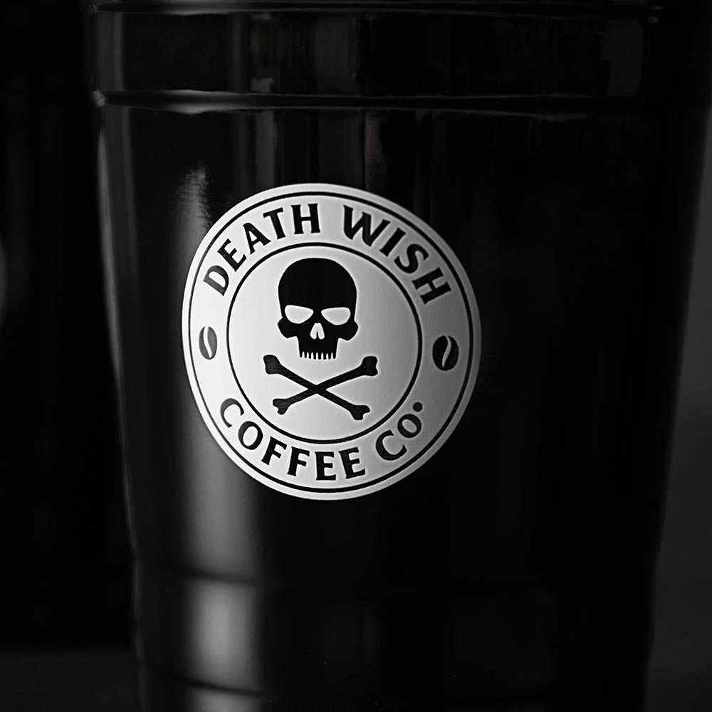 The logo detail of the Death Wish Coffee Heavy Metal Stainless Cup.