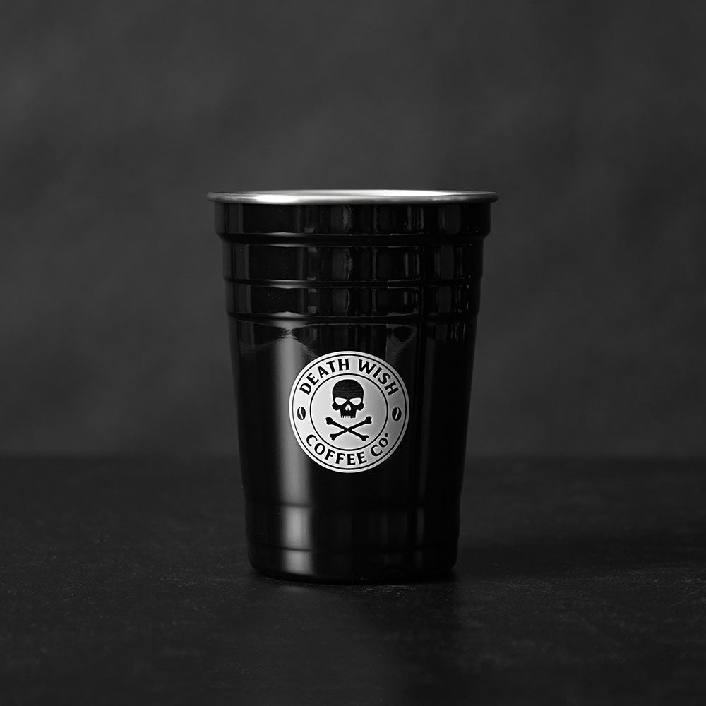 The front of the Death Wish Coffee Heavy Metal Stainless Cup.