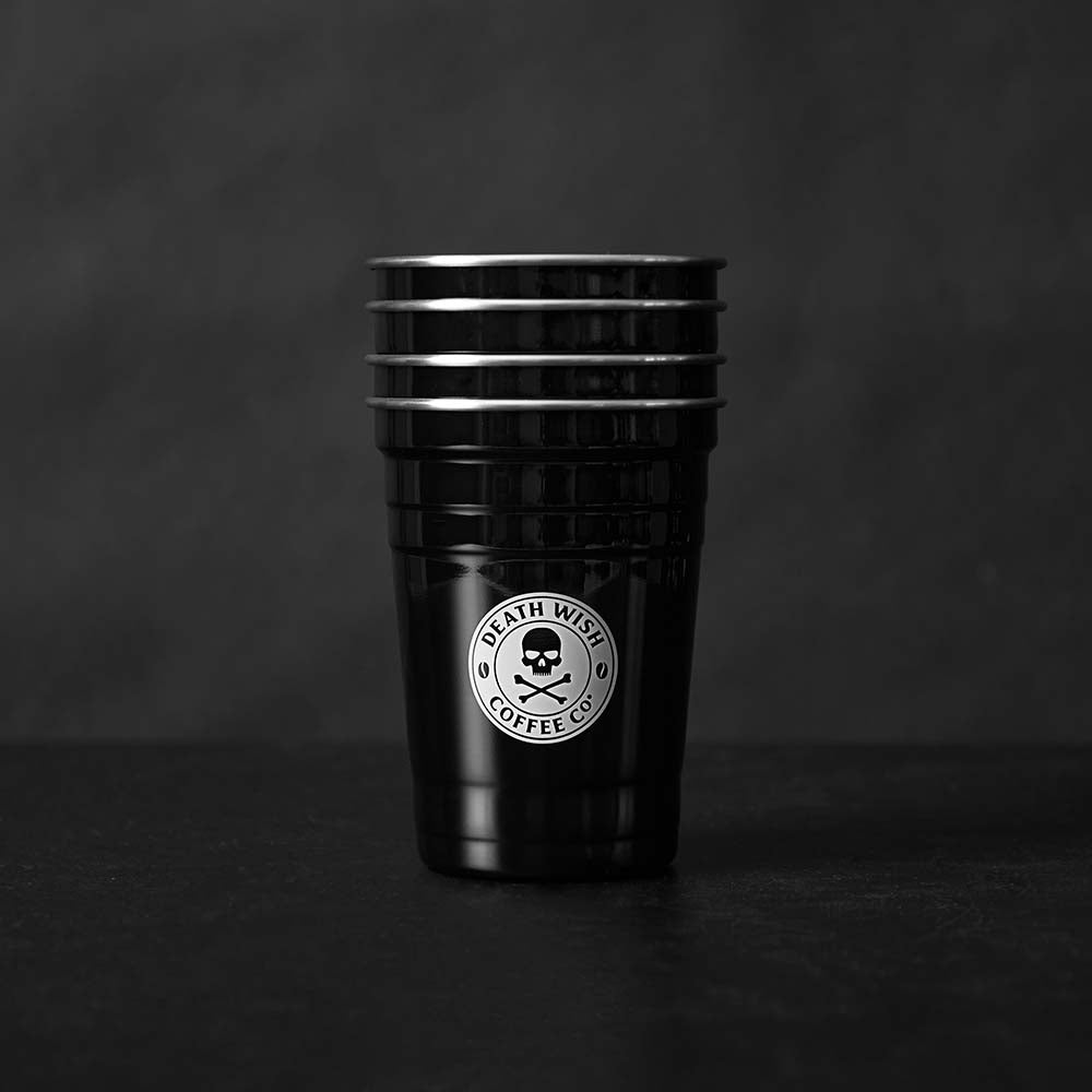 A stack of the Death Wish Coffee Heavy Metal Stainless Cup Set.