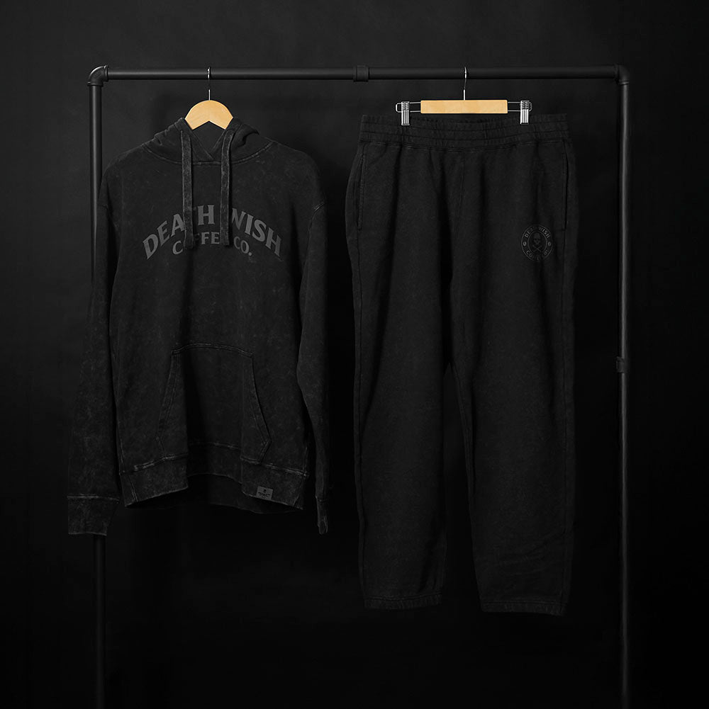 The Death Wish Coffee Coffee & Chill Hoodie and matching Joggers.