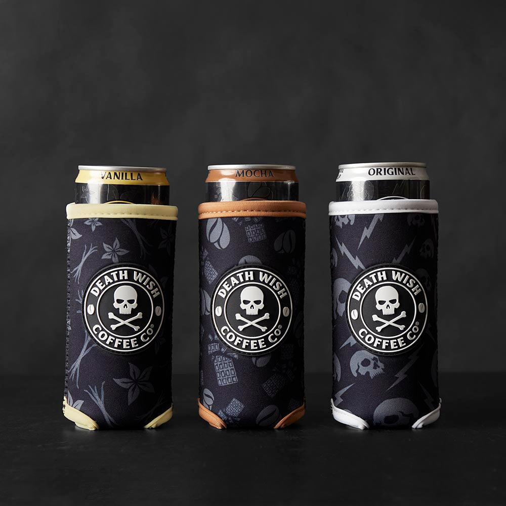 The full lineup of Death Wish Coffee Slim Can Koozies.