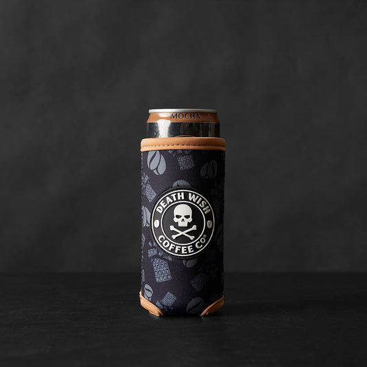 The front of the Death Wish Coffee Mocha Slim Can Koozie.