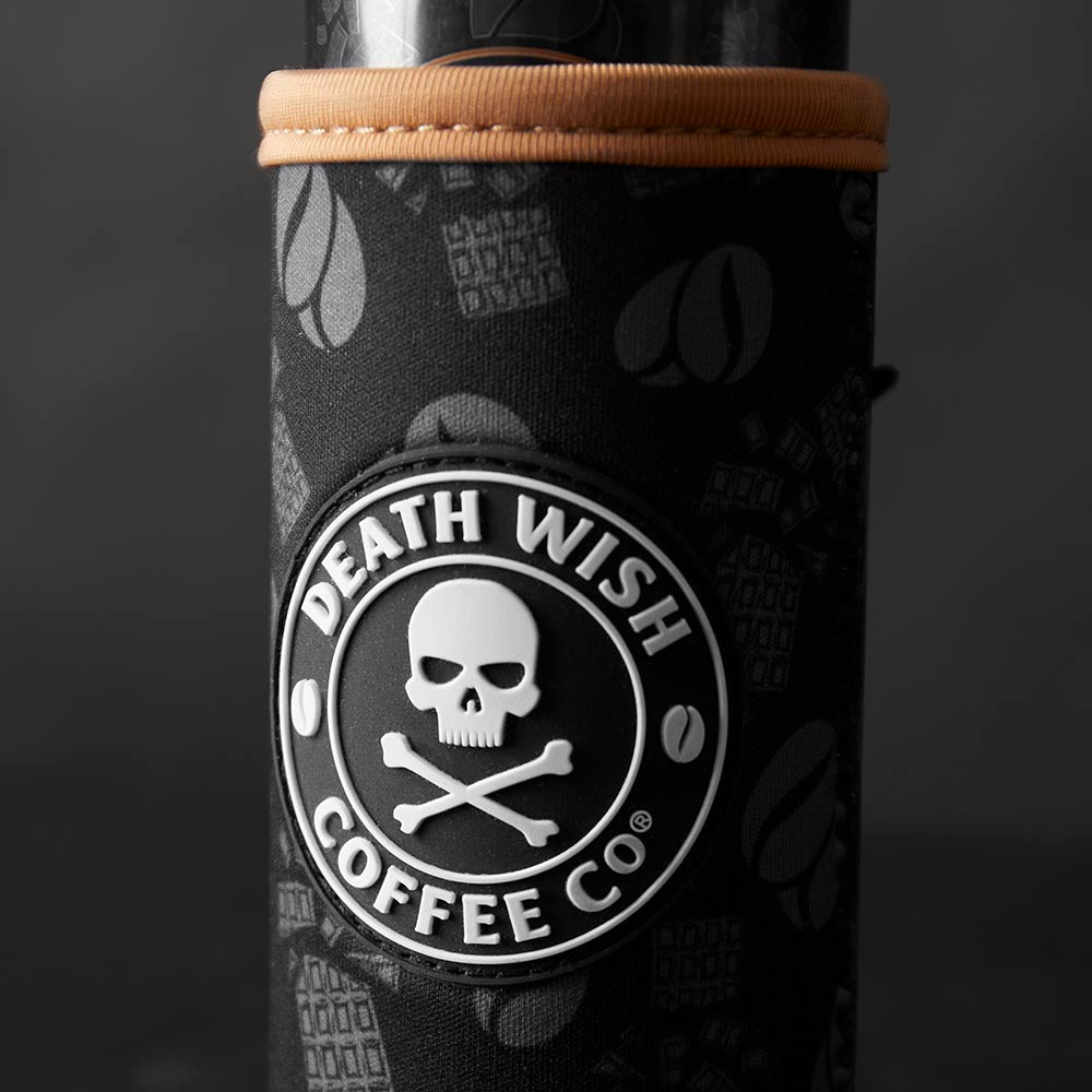 A close up of the PVC patch on the Death Wish Coffee Mocha Slim Can Koozie.