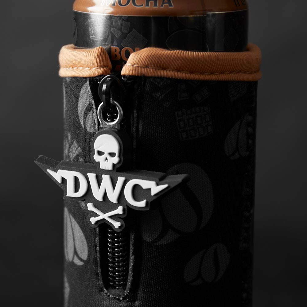 A close up of the PVC badge on the Death Wish Coffee Mocha Slim Can Koozie.