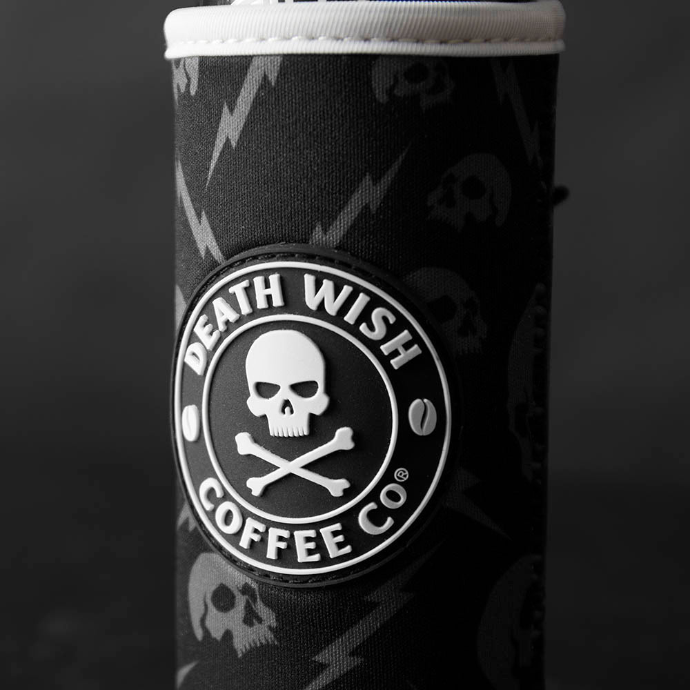 A close up of the PVC patch on the Death Wish Coffee Original Slim Can Koozie.