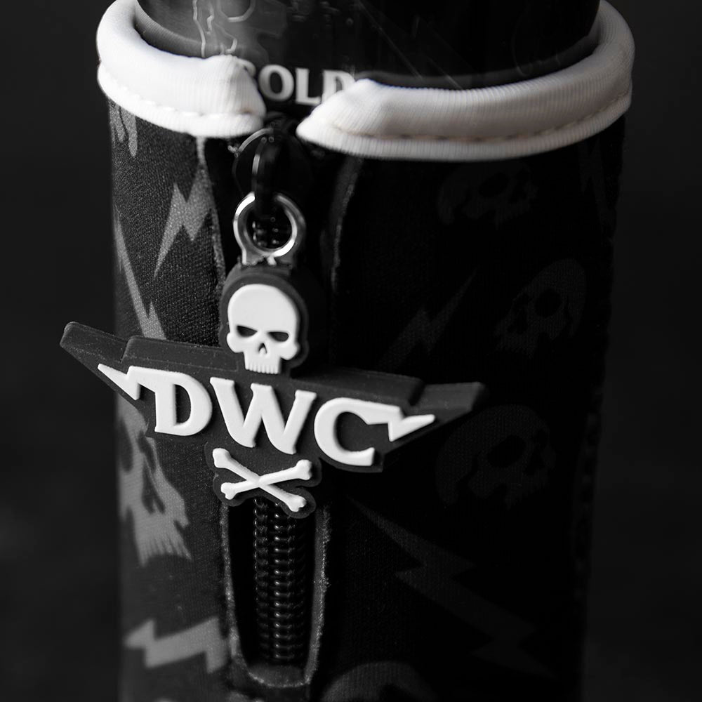 A close up of the PVC badge on the Death Wish Coffee Original Slim Can Koozie.