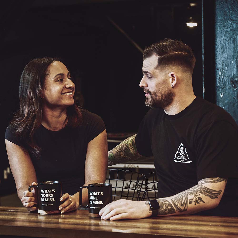 Talking over coffee with the Death Wish Coffee What’s Yours Is Mine Mug Set.