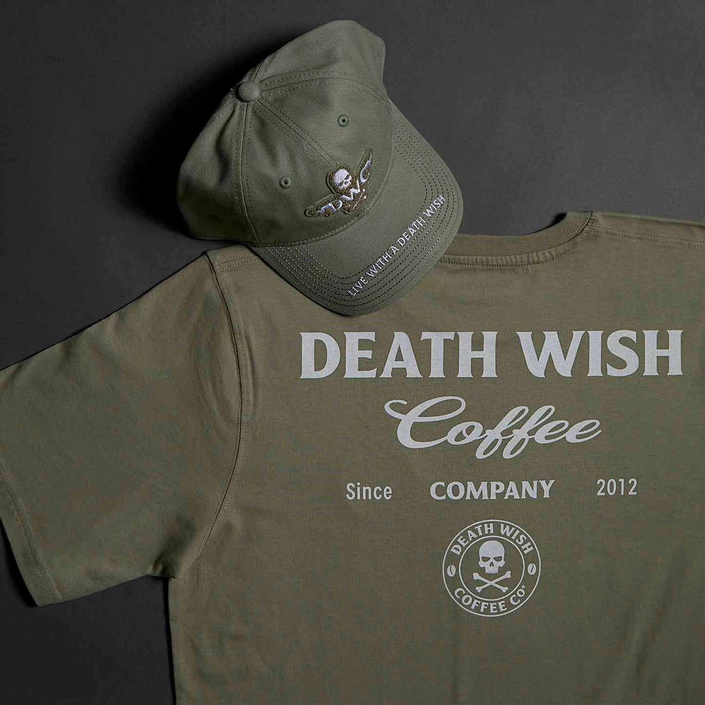 The Death Wish Coffee Dropout Collegiate Tee with the matching Thick Skull Snapback.