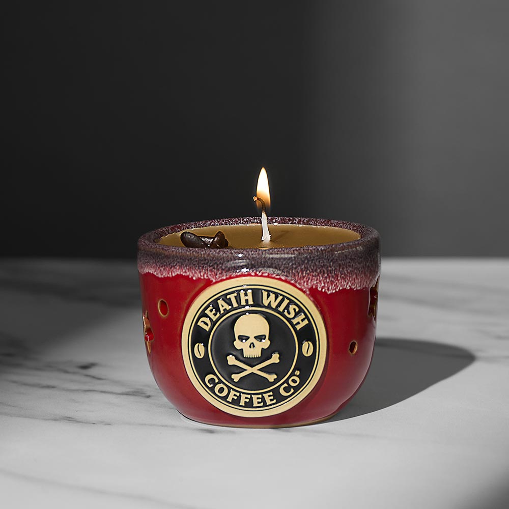 The Death Wish Coffee Candle Refill inside of the Starcrossed Candle Holder.