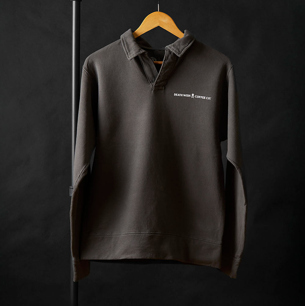 The front of the Death Wish Coffee Collar Me Caffeinated Polo.