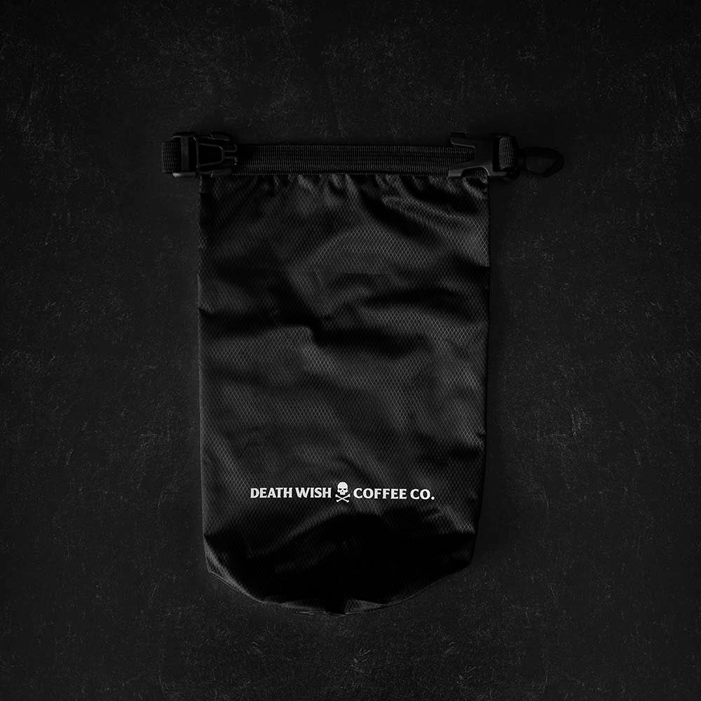 The back of the Death Wish Coffee Rock The Boat Waterproof Bag.