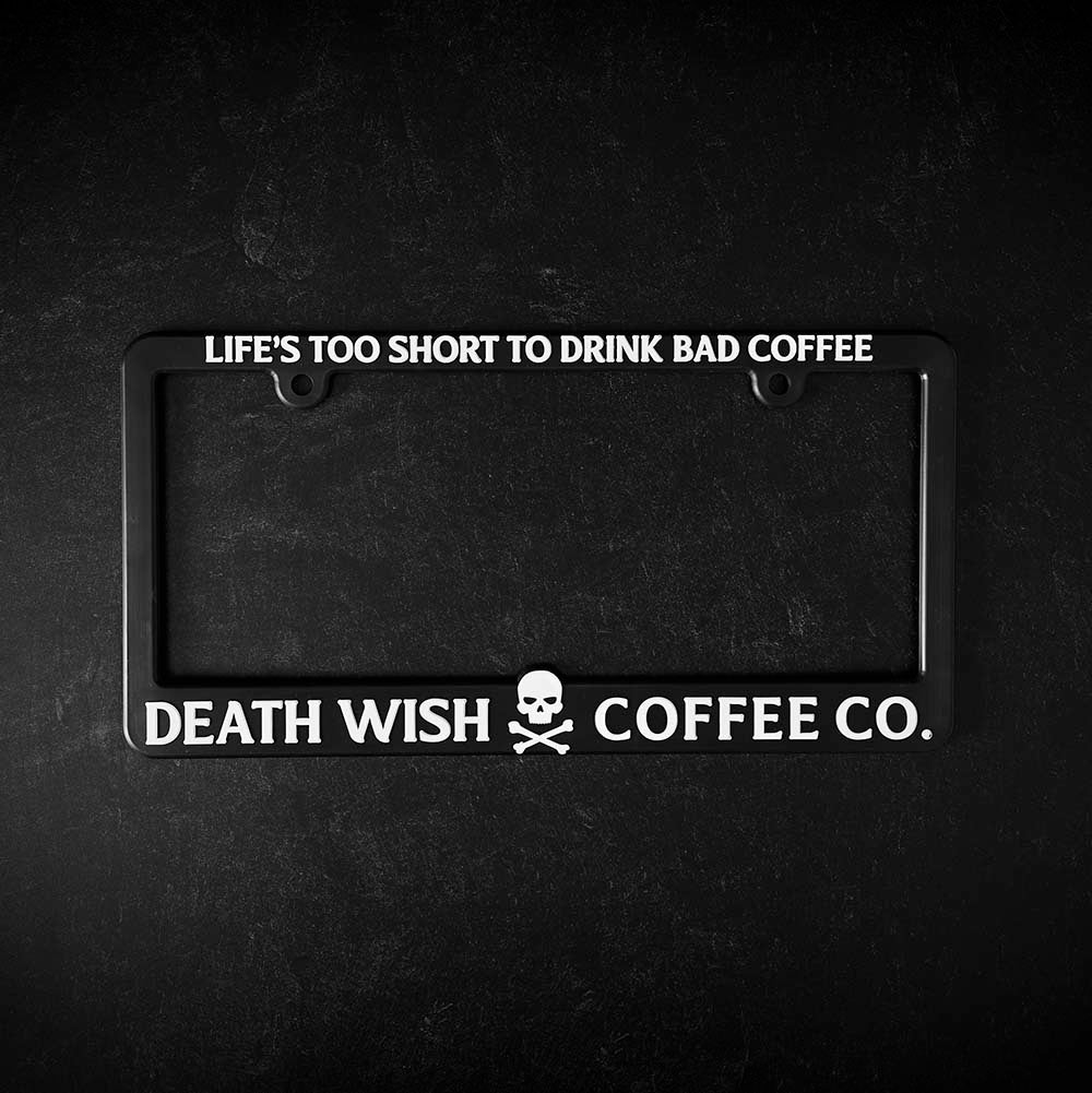 The front of the Death Wish Coffee Fast Lane License Plate Frame.