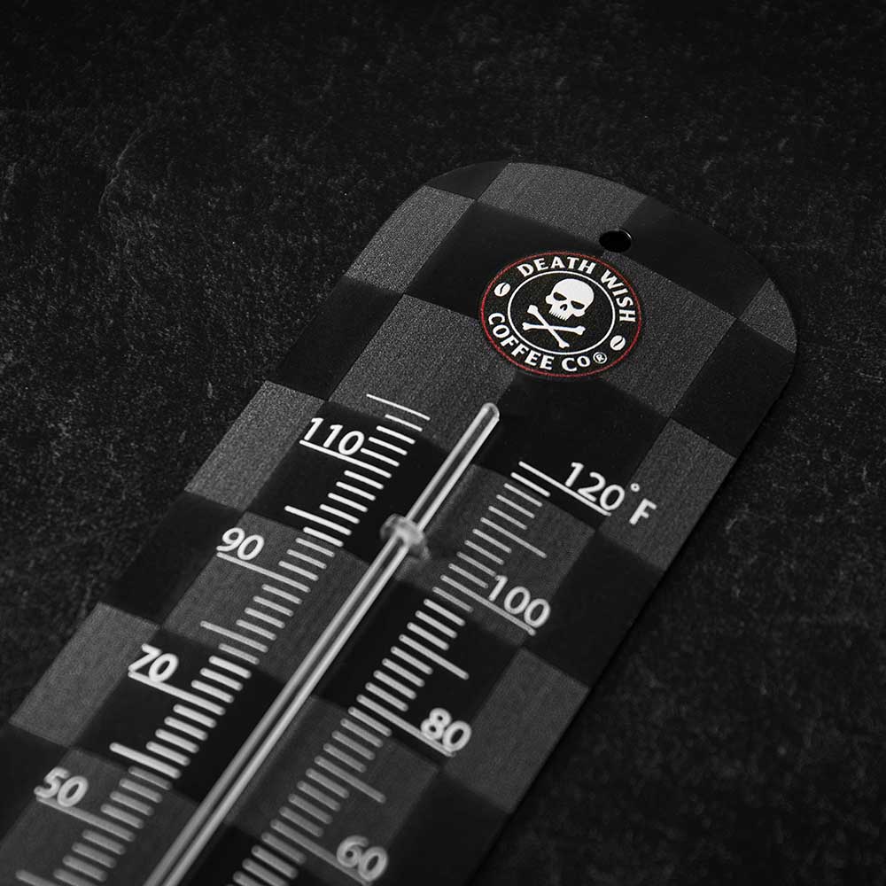 A close up of the Death Wish Coffee Boiling Point Wall Thermometer.