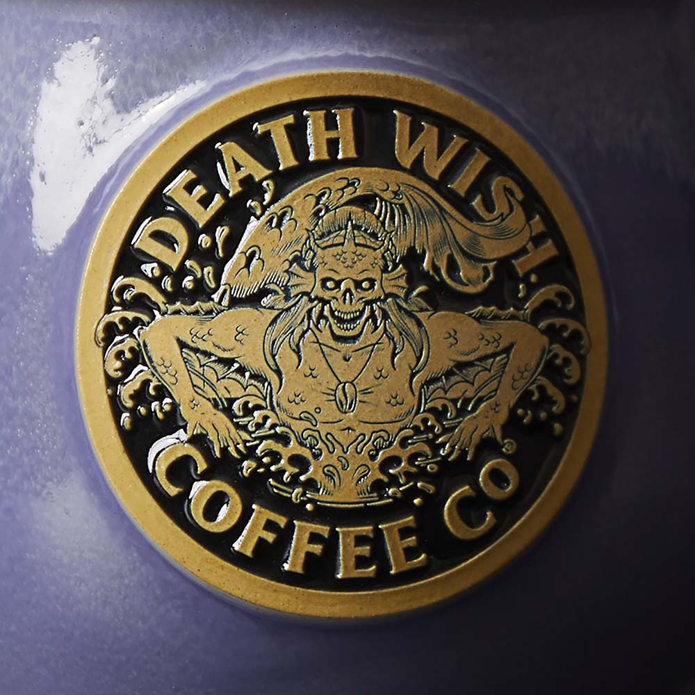 A close up of the medallion on the Death Wish Coffee Make Waves Mug.
