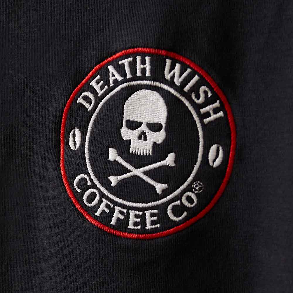 A close up of the Death Wish Coffee Classic Logo Golf Polo.