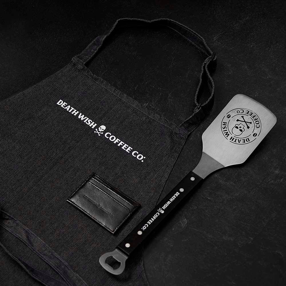 The Death Wish Coffee Pit Boss Apron, Griller Instinct Spatula and Coffee Rules Leather Wallet.