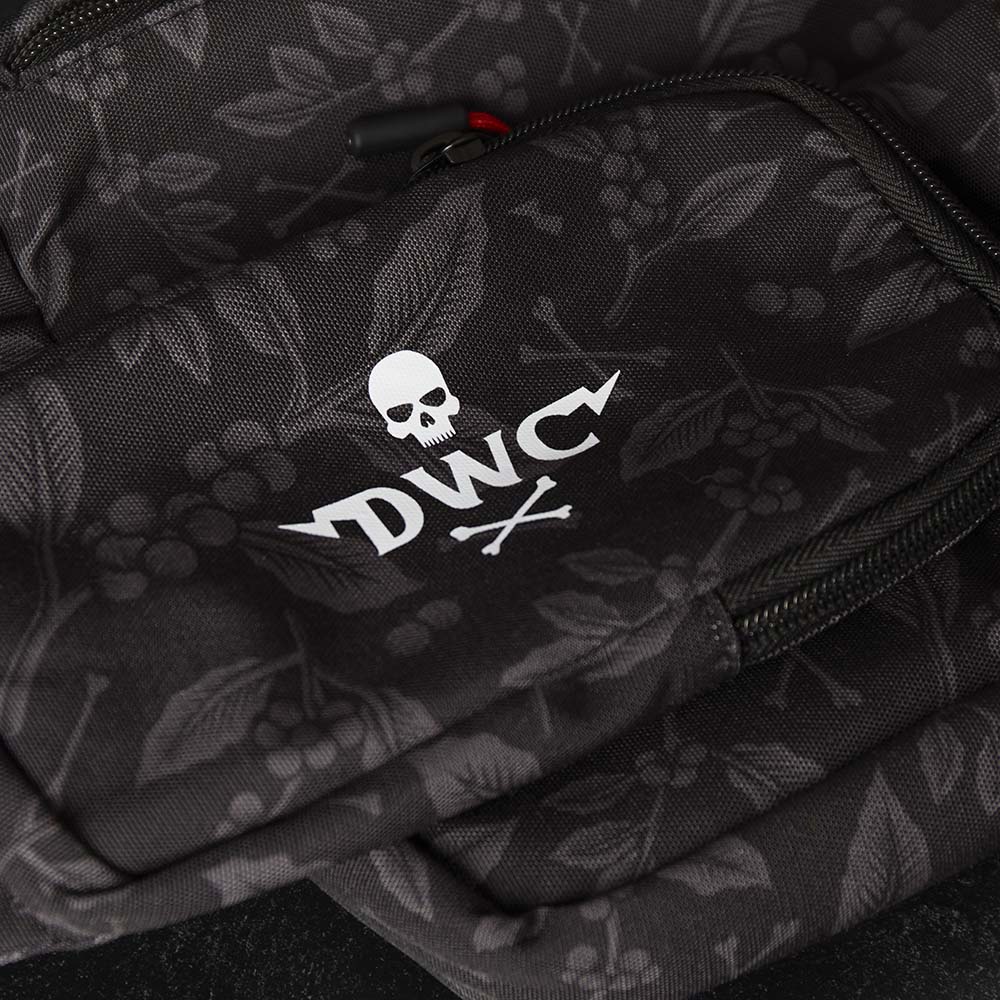 A close up of the DWC badge on the Death Wish Coffee Daily Grind Crossbody.