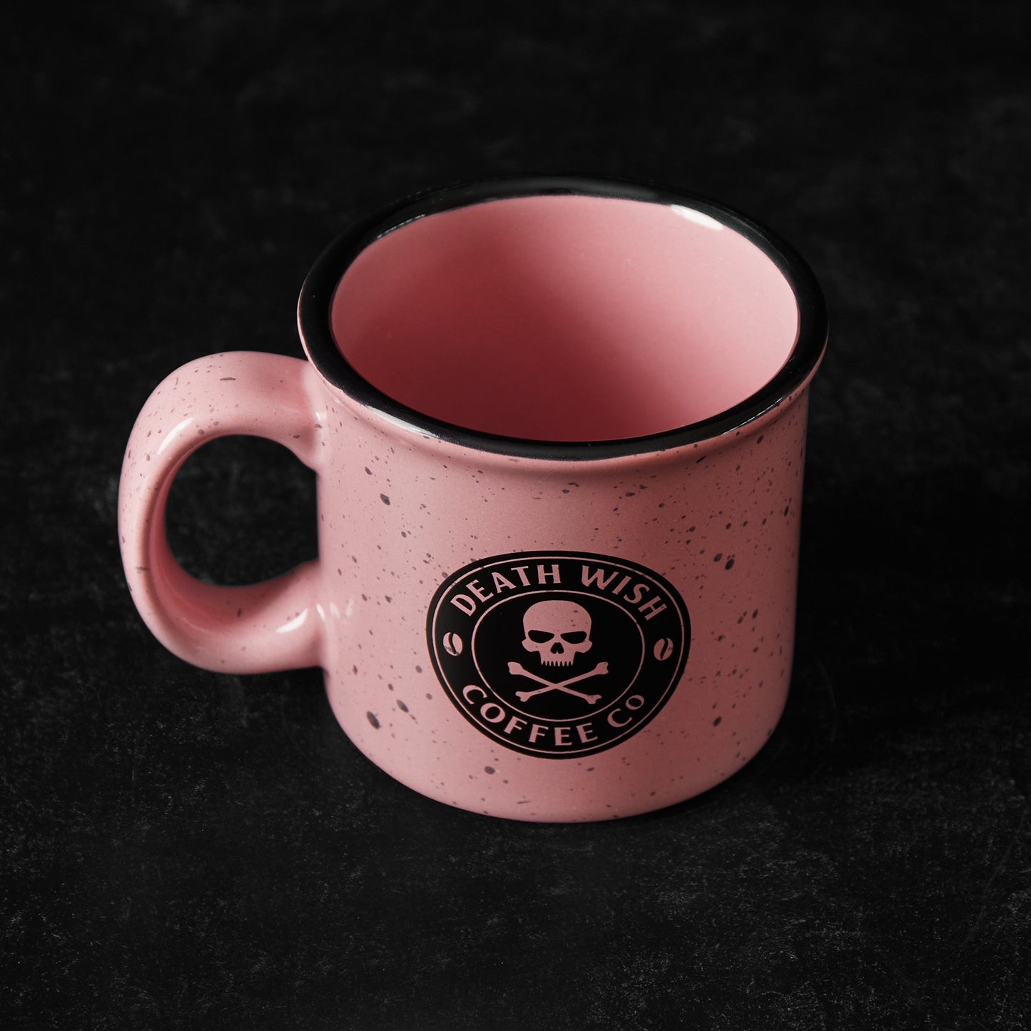 A top down view of the Death Wish Coffee Pink Camper Mug.