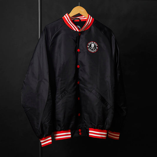 The front of the Death Wish Coffee Level Up Letterman Jacket.