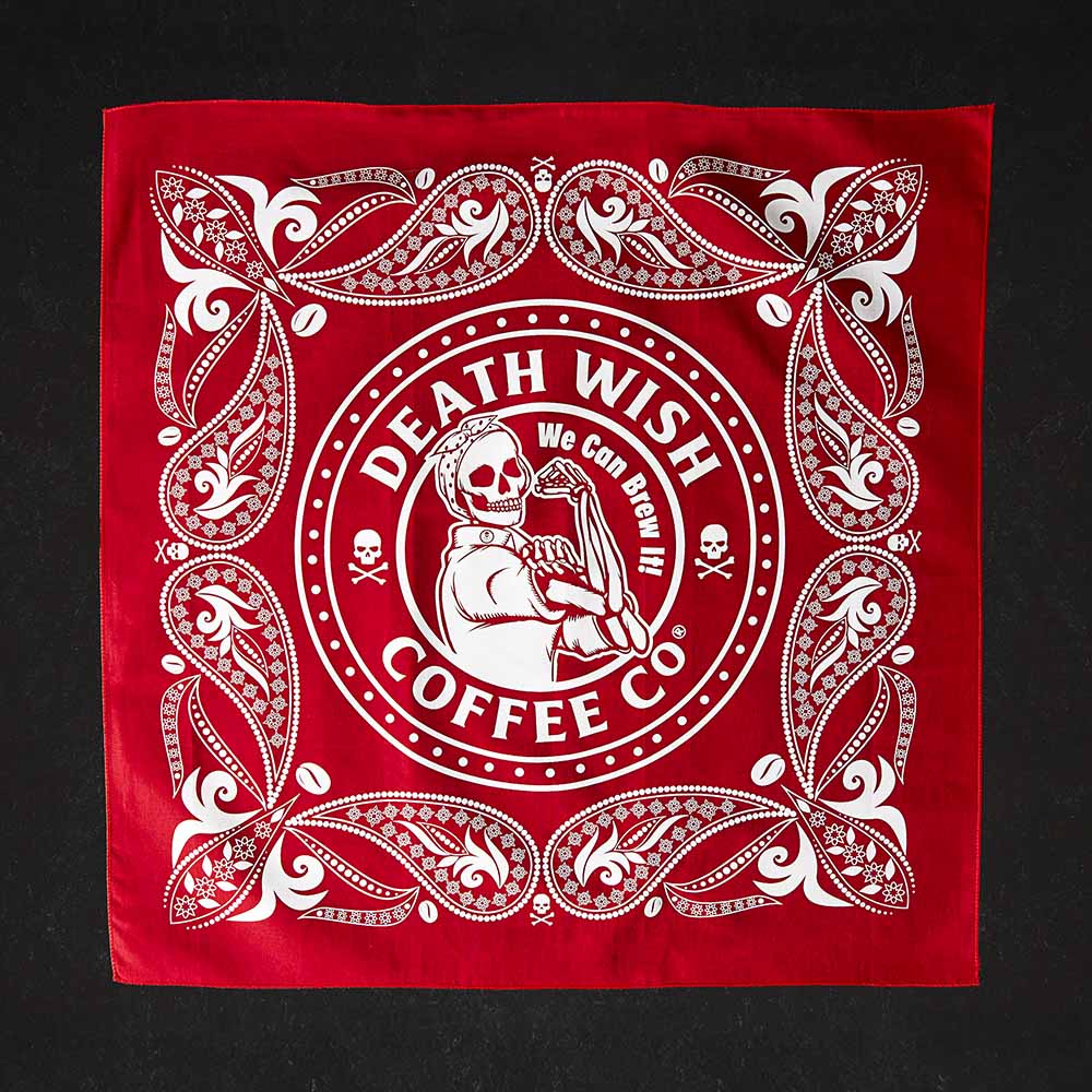 The front of the Death Wish Coffee We Can Brew It Bandana.