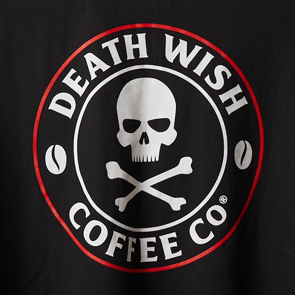 The back logo of the Death Wish Coffee Plaid Pocket Tee.
