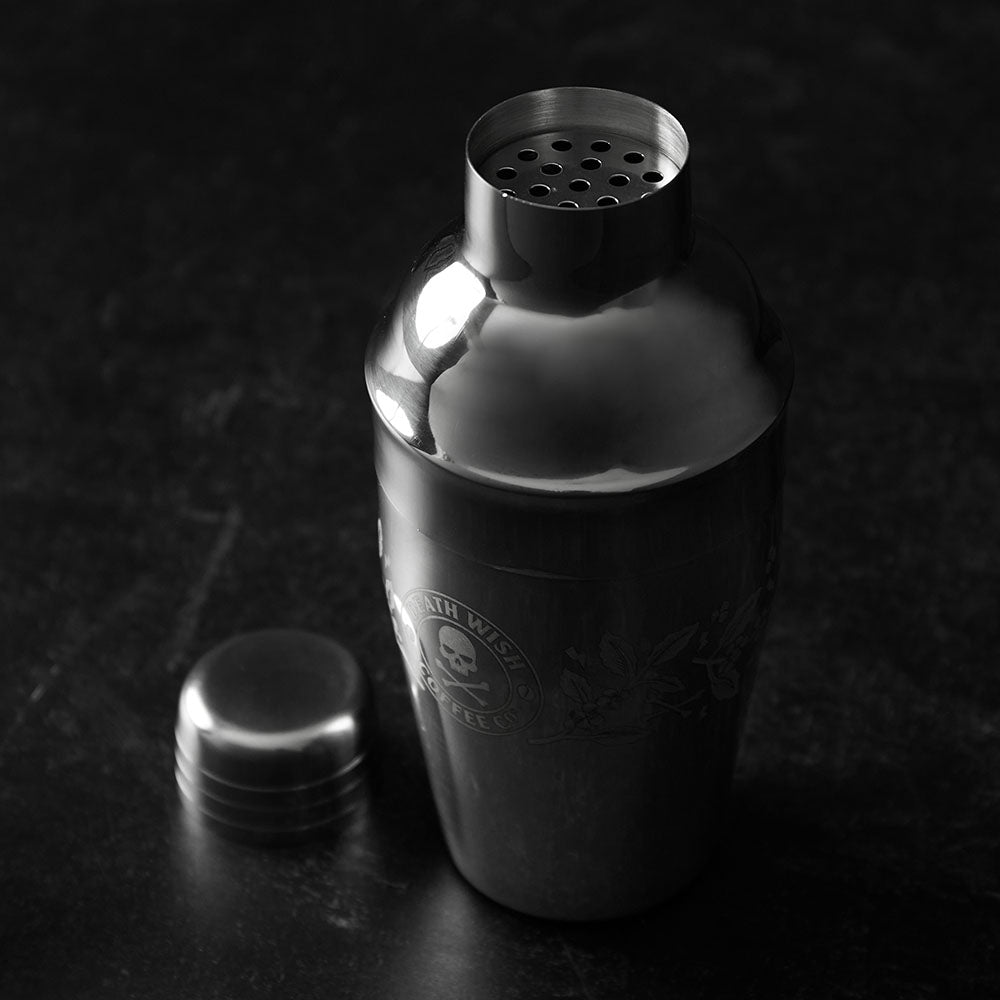 The Death Wish Coffee Sidekick Cocktail Shaker with the cap off.