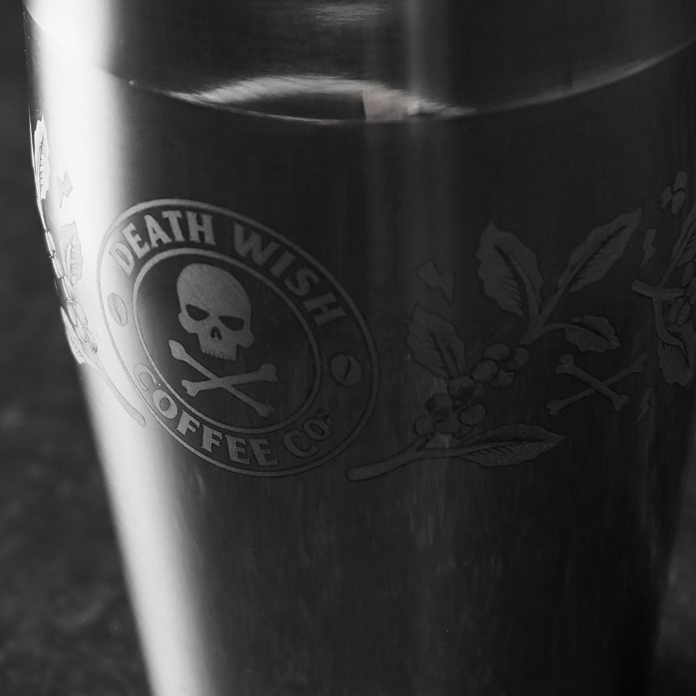 A close up view of the Death Wish Coffee Sidekick Cocktail Shaker.