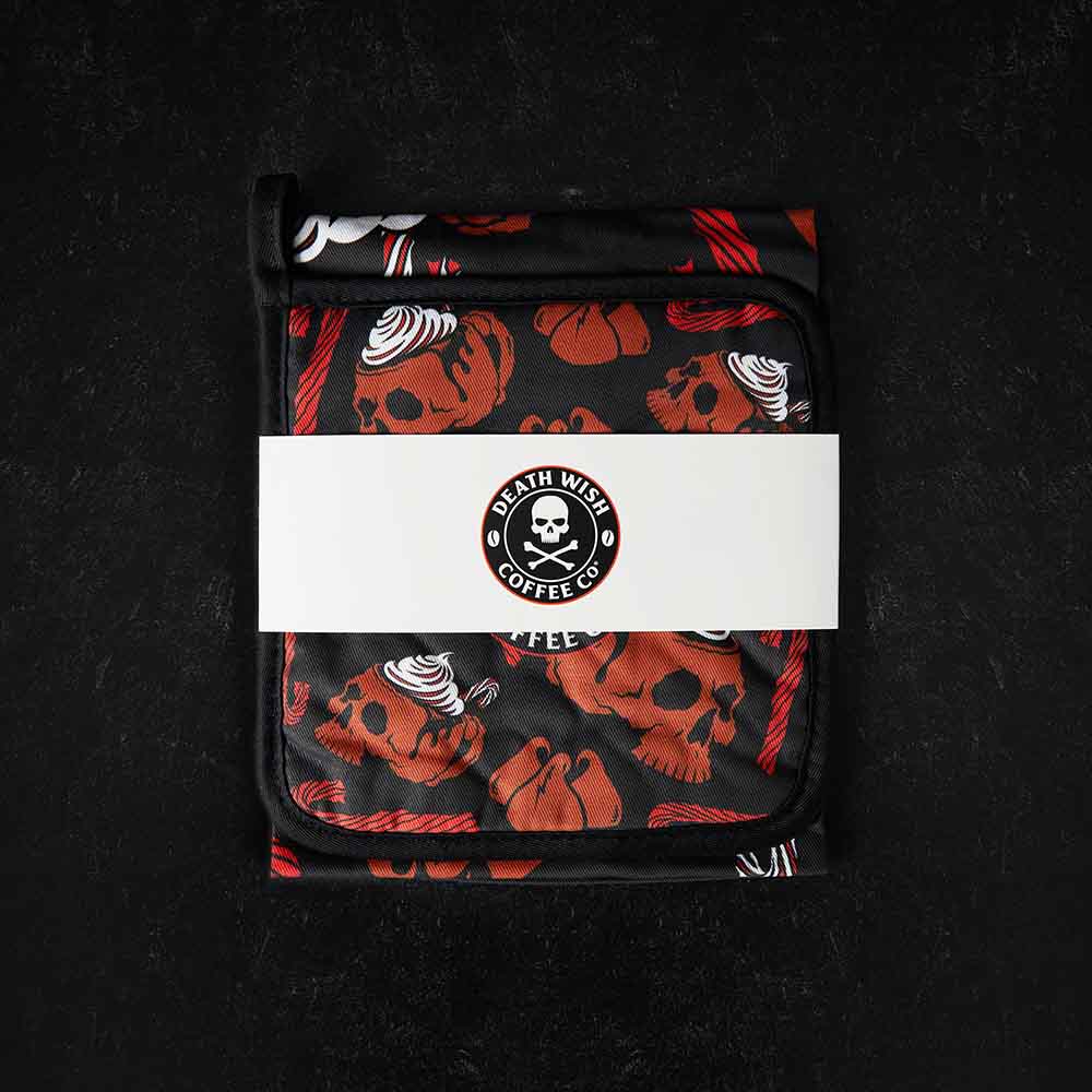 Death Wish Coffee Peppermint Mocha Towel & Pot Holder packaged together.